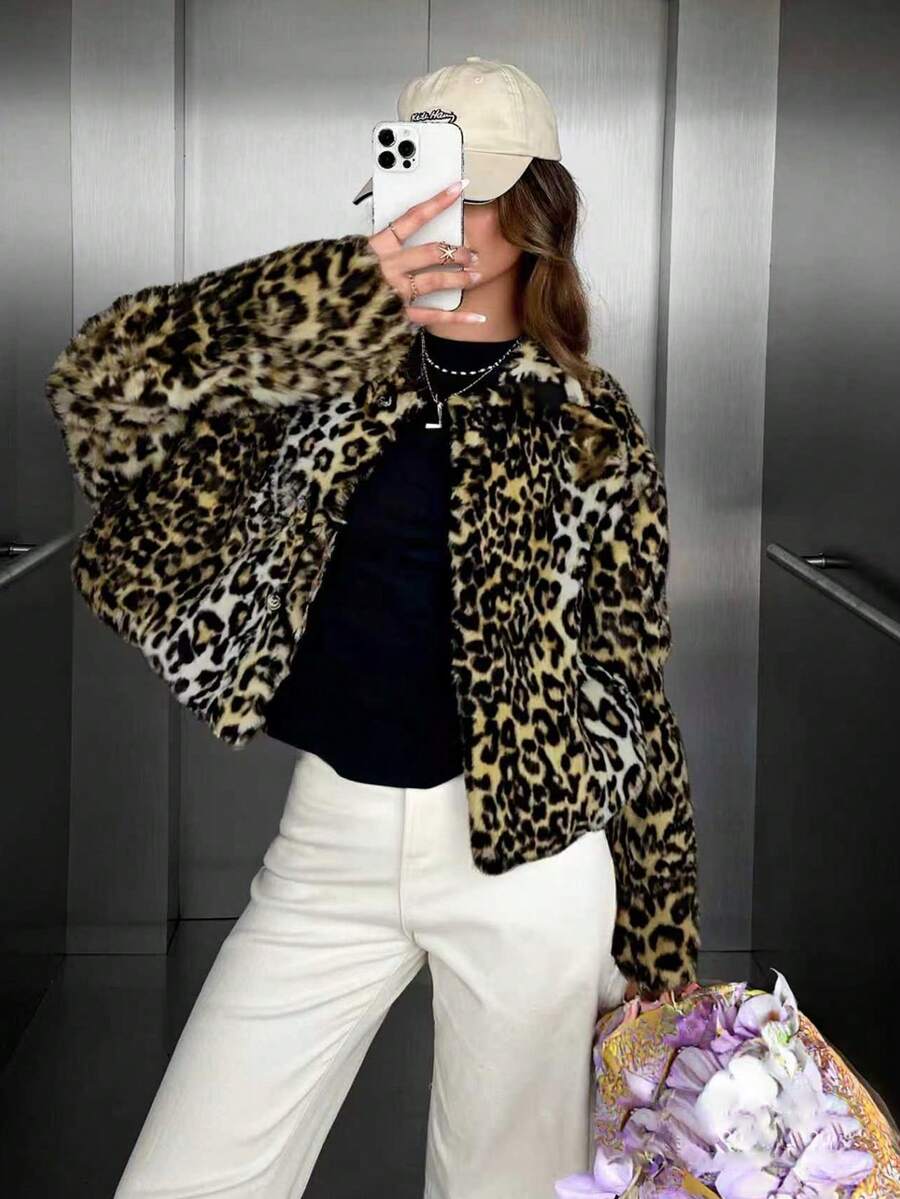 Women's Winter Outerwear Urban Casual Slim Fit Comfort Minimalist Elegance Faux Fur Coat Soft Wool Blend Long Sleeves With Pockets Leopard Print Multi-Colour Casual Comfort For Commuting & Everyday Wear Women's Regular Coat Women's Faux Fur Coat Long Sleeves With Button-Front Decorative Collar Woven Faux Fur Coat 2025 Autumn/Winter New Arrivals