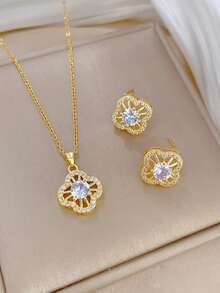 1 Set Stainless Steel Full Diamond Four-Leaf Flower Necklace & Earrings Set, Luxury Micro-Inlaid Personalized Banquet Jewelry Set - Gold - View 6
