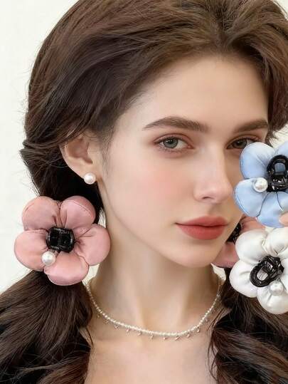 Satin Flower Pearl Hair Clip Set - Multi-Color Elegant Hairpins For Women, Chic Hair Accessories For Daily, Party, Banquet & Holiday Use