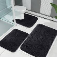 Three-Piece Bathroom Floor Mat Carpet, Solid Color Bathroom Mat Is Soft, Comfortable And Absorbent, Machine Washable, Suitable For Bathroom Shower Room - Black - View 1