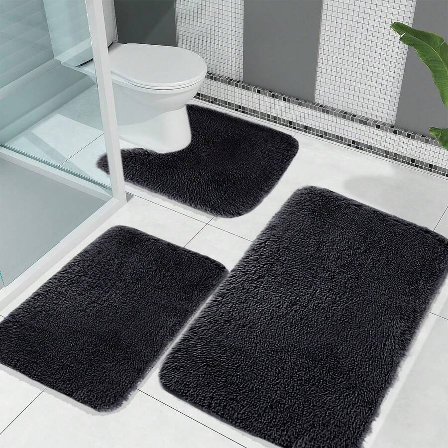 Three-Piece Bathroom Floor Mat Carpet, Solid Color Bathroom Mat Is Soft, Comfortable And Absorbent, Machine Washable, Suitable For Bathroom Shower Room - Black - View 1