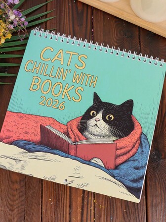 Cats Chillin' With Books 2026 Calendar, Vintage Style Cat Reading Books Illustration Wall Calendar, Personalized Time Management Tool For Cat Lovers And Bookworms, Decorative Home Decor