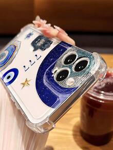 1pc Unique Blue Eye Shell & Blue Gold Texture Pattern Transparent Soft Protective Phone Case, Compatible With Apple/ - Multicolor - View 3