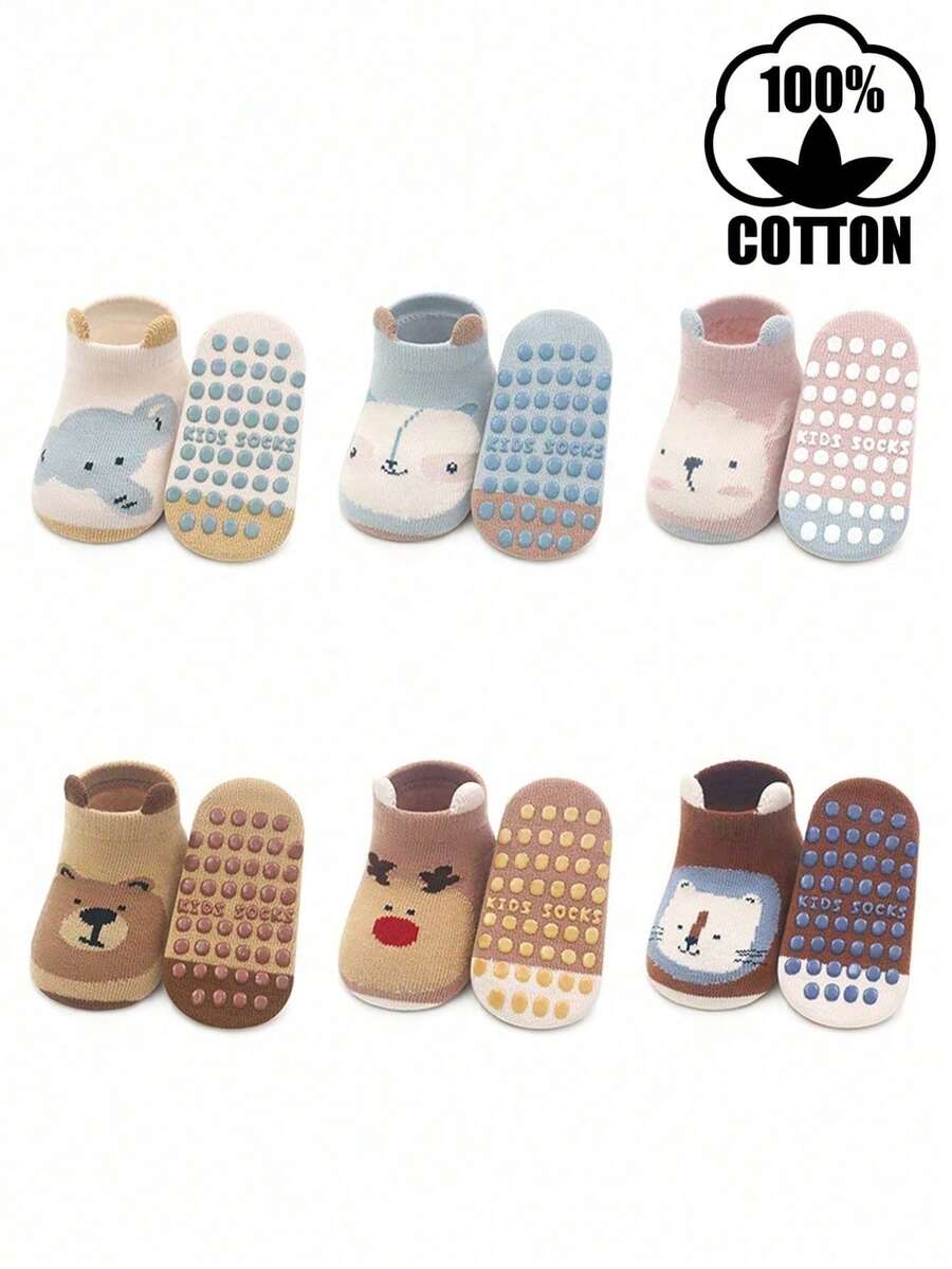 6双柔软棉质卡通动物防滑圆点袜，带3D耳朵设计，适合幼儿 - 彩色 - 查看 1