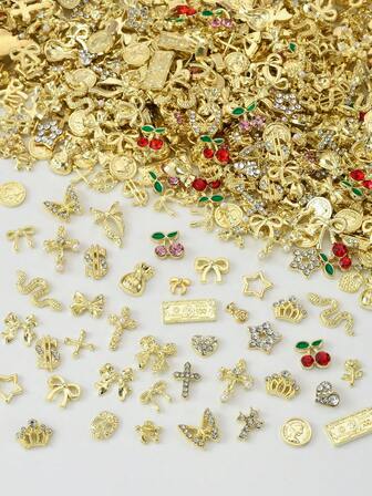 20件套金色美甲饰品和宝石，3D金色十字架美甲饰品，闪亮蝴蝶结樱桃皇冠金币美甲饰品