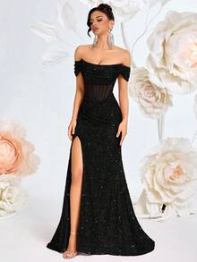 ADYCE Vestido Longo de Formatura com Ombros à Mostra, Cintura Alta, Fenda, Costas Abertas, Amarração nas Costas, Maxi, Formal, Coquetel, Festa, Baile, Encontro à Noite, Ano Novo