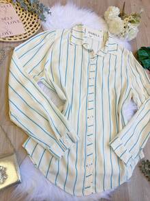 Women's Striped Button-Down Shirt, Casual, SP028 - Màu xanh lam - Xem 2