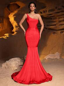 Faeriesty Elegantes Abendkleid im Meerjungfrauenstil mit einem Schulterausschnitt: Formelles Kleid für schwarze Gala-Veranstaltungen, Wohltätigkeitsbälle, Hochzeitsempfänge und Preisverleihungen, Weihnachts-Partnerlook - Rot - Übersicht 4