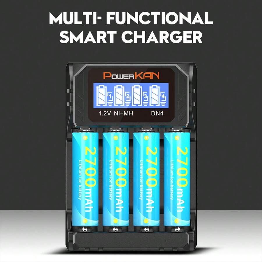 Caricabatterie per batterie AA/AAA PowerKAN, display LCD, 4 slot di ricarica indipendenti, corrente di ricarica/ricarica a impulsi/display dello stato di ricarica/arresto automatico a carica completa, porta di ricarica USB universale da 5V Type-C, adatto per batterie ricaricabili NiMH/NiCd AA/AAA