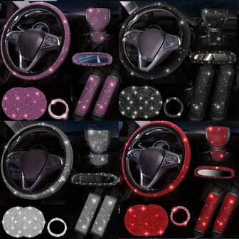8pcs/Set Car Steering Wheel Cover, Gear Shift Knob Cover, Shoulder Pad, Rearview Mirror Cover, Cup Holder Coasters, Ignition Ring, Rhinestone Decorated Car Interior Accessories
