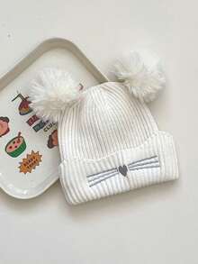 1 pezzo Berretto lavorato a maglia per bambini di colore unito con doppio pompon - Disegno a baffi di gatto e a cuore per bambini e bambine, cappello termico foderato per avventure all'aperto, attività scolastiche, feste, foto di famiglia e divertimento al parco giochi - 1PC - Visualizzare 6
