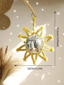 1 pieza Espejo en forma de sol con bola de macramé colgante - Bola de discoteca hecha a mano con marco de cuerda tejida amarilla - Decoración bohemia chic para pared, ventana, techo o espejo retrovisor del coche - Decoraciones para fiestas, bodas, vacaciones y festivales