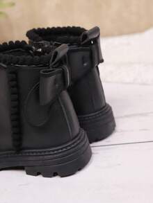 婴儿靴，新款时尚儿童蝴蝶结靴，儿童中帮鞋，女童侧拉链平底踝靴 - 黑色 - 查看 8