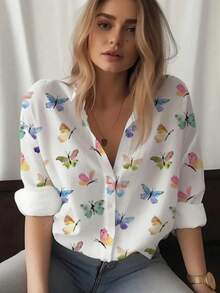 Women's Cotton Linen Blouse With Long Sleeves, Plus Size - White Butterfly - View 2