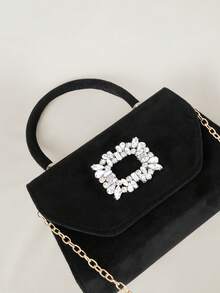 Clariva Fashionable Minimalist Rhinestone Metal Decor Suede Flap Mini Square Bag, Elegant Handbag Suitable For Women Shopping, Party, Evening And Daily Use Gifts - Black - View 4