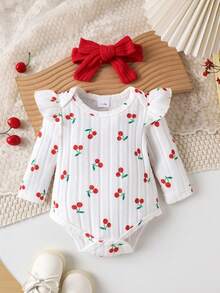 2件套女婴可爱柔软樱桃图案长袖连体衣+红色裤子套装，秋冬季 - 紅色 - 查看 3