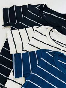 Set Of 3 Women's Short-Sleeve T-Shirts, Plain And Striped, Ribbed Cotton, Basic Style - KIT 3 NAVY BLUE STRIPED - View 2