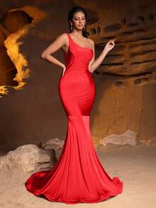 Faeriesty Elegantes Abendkleid im Meerjungfrauenstil mit einem Schulterausschnitt: Formelles Kleid für schwarze Gala-Veranstaltungen, Wohltätigkeitsbälle, Hochzeitsempfänge und Preisverleihungen, Weihnachts-Partnerlook - Rot - Übersicht 3