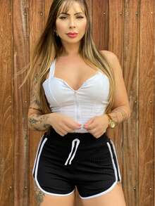 Women's Ribbed Shorts, Loose Fit, Striped, Comfortable, Sporty, Gym - 黑色 - 查看 1