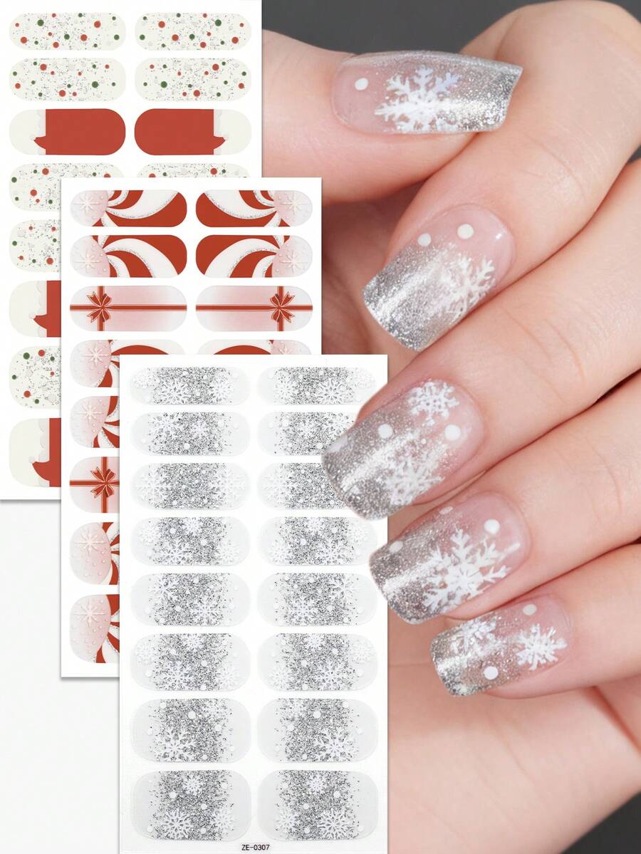 48 قطعة مجموعة شرائط طلاء أظافر فرنسي للكريسماس، شرائط أظافر ذاتية اللصق بنقاط ثلجية بيضاء وحمراء، ملصقات أظافر للنساء لتزيين أظافرهن في عيد الميلاد