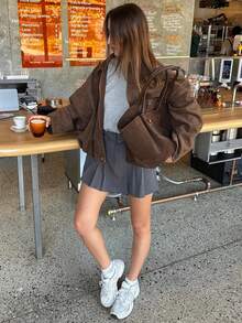 春秋冬季 Dirty Martini 綠色麂皮休閒優雅度假飛行夾克女款 寬鬆外套 街頭風 Y2K 時尚 秋季 - 棕色 - 查看 8