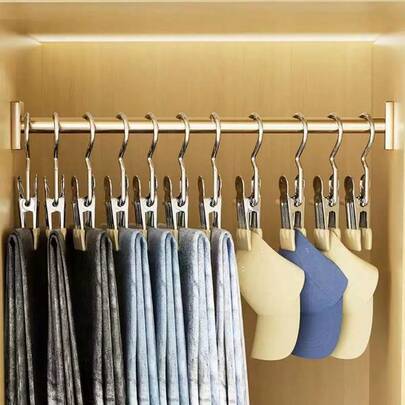 10个装优质不锈钢衣夹，多功能挂钩夹，节省空间的洗衣收纳架和衣柜固定器，适用于衣物、衣架、精致衣物和旅行包，防锈耐用，金属夹子抓力牢固，易于取下，用途广泛，是家庭、宿舍和工作室的理想衣柜配件。