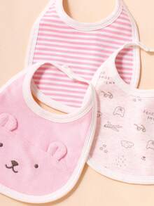 3件套婴儿围兜，带小熊刺绣和3D耳朵，柔软面料，适合0-12个月的婴儿 - 粉色 - 查看 5