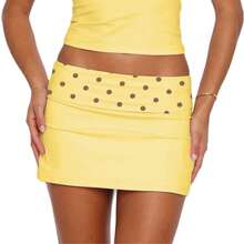 Women Fold Over Low Rise Bodycon Mini Skirt Y2k Polka Dots Print Slim Fitted Going Out Micro Skirts Stretchy Tube Pencil Mini Skirts Party Clubwear - 黃色 - 查看 2
