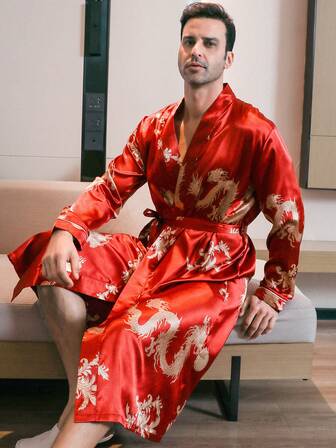 Men's Satin Nightgown With Long Sleeves And Golden Dragon Printed, Sleepwear Suitable For All Seasons, Winter