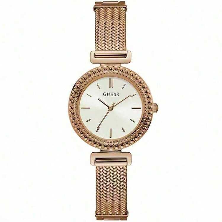 Guess Monroe W1152L3 优雅女士石英表，银色圆形表盘，玫瑰金网状表带，休闲腕表，适合日常商务佩戴，节日礼物，送给爱人 - 玫瑰金 - 查看 1