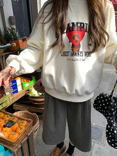 Heart Shaped Dog Print Crew Neck Loose Fit Sweatshirt For Women, Flattering Design, Long Sleeve, Autumn/Winter