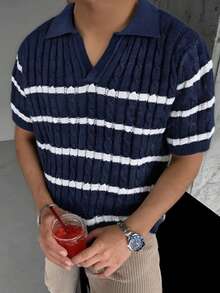 1 Áo thun nam dệt kim, chất liệu dày dặn, họa tiết sọc phối màu tương phản, áo thun nam, chất vải mềm mại thoải mái, áo thun tay ngắn, có thể mặc riêng hoặc phối lớp, phù hợp cho tiệc tùng, tụ họp trên du thuyền, phong cách giản dị cổ điển. - Màu xanh hải quân - Xem 2