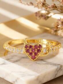 1pc Personalized Angel Devil Heart Eternal Wedding Ring, Copper Material Luxury Inlaid Red Synthetic Cubic Zirconia, Luxury Adult Jewelry, Mother's Day Gift, Halloween, Easter, Anniversary Birthday Gift