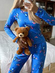 2pcs Stitch Print Women's Long T-Shirt And Pants Set, Cute Heart Stitch All-Over Print, Stretchy & Skin-Friendly, Casual Loungewear Suitable For Spring & Autumn - Blue - View 2