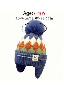 Children's Winter Hat Boy Diamond Knitted Hat Girl Thermal Lined Pullover Warm Baby Earmuffs Suitable For Outdoor Travel Suitable For 3-10 Years