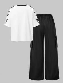 2pcs Tween Girl Numeric Print Short Sleeve Top And Cargo Pants Set - White - View 2