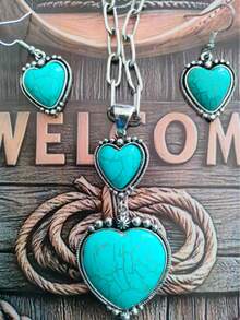 1 Set de collar con colgante en forma de corazón y aretes con incrustaciones de turquesa en estilo occidental, adecuado para uso diario, vacaciones, viajes, garantizado para recibir cumplidos de amigos
