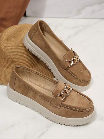 Women's Platform Wedge Heel Slip-On Loafers, Casual Low Vamp Shoes For Spring & Autumn