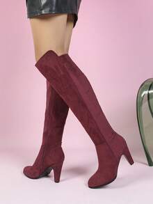 Women's Knee-High Boots, New 2025 Autumn/Winter Designs, Pleated Boots, Round Toe, Chunky Heel, Fashion Tall Boots With Side Zipper - Burgundy - View 5