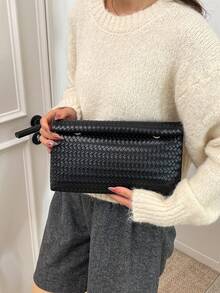 1个时尚纯色手提包，PU材质，大容量翻盖磁扣方形包，鳄鱼纹女士钱包，多功能派对晚宴包，适合女性旅行和购物 - 黑色 - 查看 9