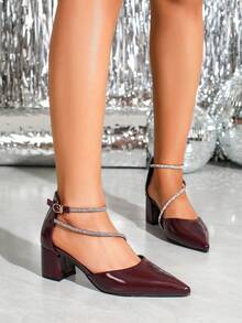 Pointed Toe High Heels, Rhinestone Decor, Elegant & Graceful For Banquet, Party, And Daily Work Wear, Fashionable Hollow-Out Pumps. Black High Heels, Red High Heels, Shiny Fashion Party High Heels. - Burgundy - View 3