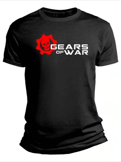 Camiseta con Estampado del Logo de Gears Of War, Cuello Redondo, Manga Corta, 100% Algodón, 170G de Grosor