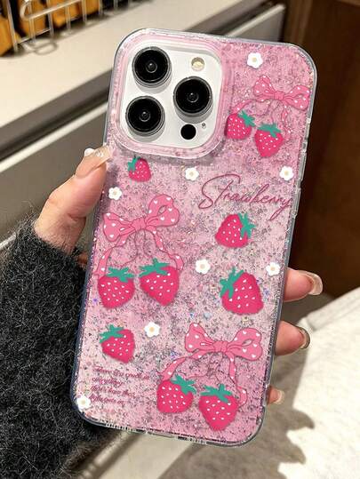 Strawberry Painted Transparent Epoxy Glitter Minimalist Shockproof Thick Phone Protective Case Compatible With IPhone 17/17 Pro/17 Pro Max, 16/11/16 Pro/16 Plus/16 Pro Max/16e, 15 Pro Max, 13/14/12/XS/XR, 15 Pro Max, 16 XR/7/8, 16 Pro Max, 15 Pro Max, 12 Pro Max, 13 Pro Max, 14 Pro Max, 13, 11, 12 Pro, 14, P11 Soft Shell, P12 Anti-Fall, XS.XR Phone Case, Protective Cover
