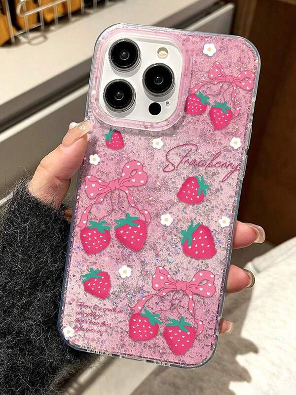 Strawberry Painted Transparent Epoxy Glitter Minimalist Shockproof Thick Phone Protective Case Compatible With IPhone 17/17 Pro/17 Pro Max, 16/11/16 Pro/16 Plus/16 Pro Max/16e, 15 Pro Max, 13/14/12/XS/XR, 15 Pro Max, 16 XR/7/8, 16 Pro Max, 15 Pro Max, 12 Pro Max, 13 Pro Max, 14 Pro Max, 13, 11, 12 Pro, 14, P11 Soft Shell, P12 Anti-Fall, XS.XR Phone Case, Protective Cover
