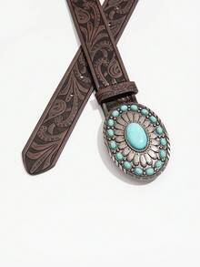 1pc Vintage Blue Agate Round Buckle Retro Coffee Floral Pattern PU Leather Belt - Blue Agate Brown - View 5