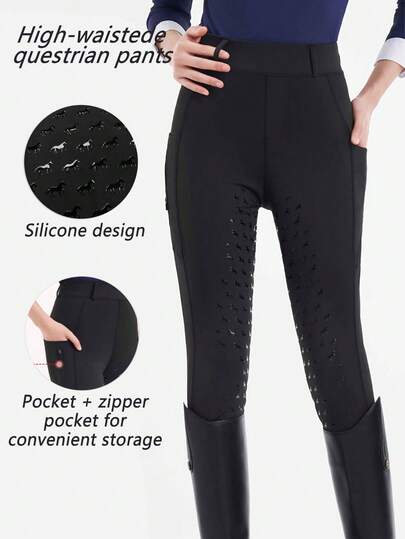 Calças equestres, ajuste slim de alta elasticidade, aderência total em silicone, estampa de cavalo pequeno, aderência em silicone antiderrapante, mistura leve de poliéster e elastano com detalhes de bolso, adequadas para passeios a cavalo, equipamento para todas as estações