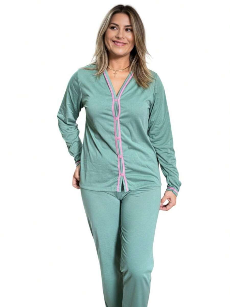 Button-Down Pajamas Plain Blogger Long Sleeve Blouse Long Trousers Night Line Comfort Breastfeeding Post Surgery - 綠色 - 查看 1