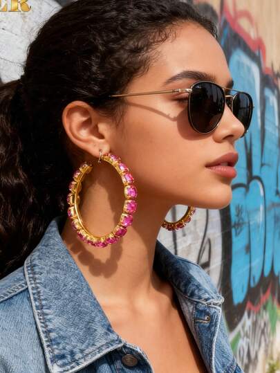 Large Exaggerated Magenta Hoop Hip-Hop Earrings For Women, Fashionable Jewelry For Ladies, Suitable For Parties