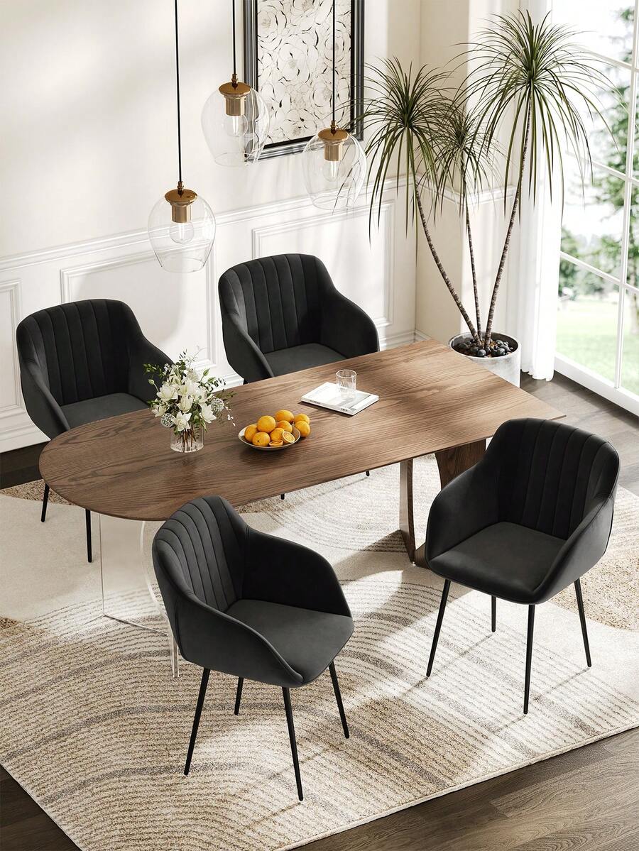 Goeurvant Velvet Modern Dining Chairs With Vertical Stripes Set Of 2 4 6 Designer Style Seats With Armrests & Metal Legs In UK Stock & Fast Delivery Elegant Furniture For Dining & Living Room Black - 黑色 - 查看 1