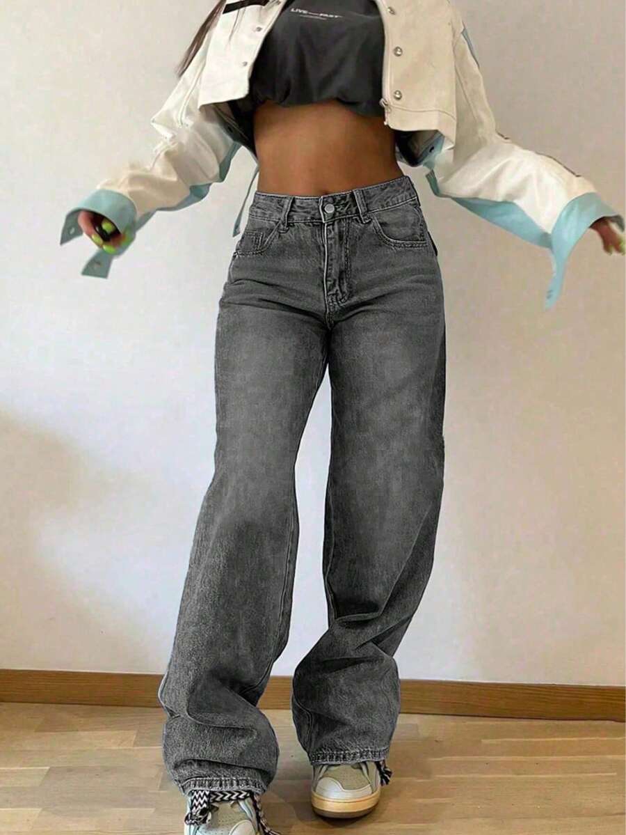 Vintage Loose Washed Straight-Leg Jeans For Teen Girls - Grey - View 1